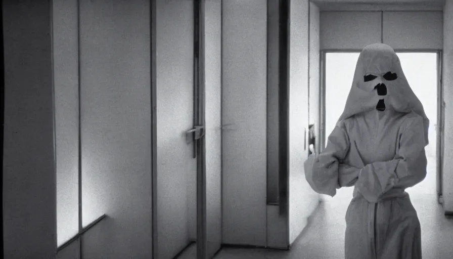 Prompt: 60s movie still of a white japanese female phantom with gigantic arms in an empty hospital with light yellow walls, eastmancolor, heavy grain, high quality, higly detailed, liminal space