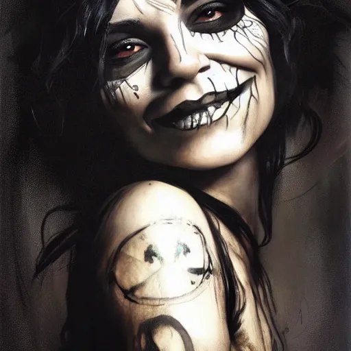 Image similar to beautiful portrait of vanessa hudgens as death from sandman, smiling, by cedric peyravernay, alphonse mucha, by jeremy mann, by lecouffe deharme, goth chic, soft lightning, eyeliner, punk rock, high detailed, 8 k