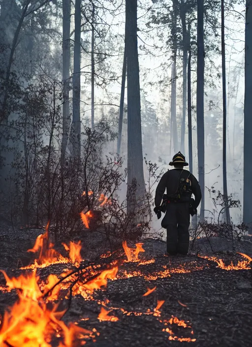 Prompt: a 3 5 mm photo from the back of a firefighter standing in front of a burning forest, bokeh, canon 5 0 mm, cinematic lighting, film, photography, depth of field, award - winning, bokeh