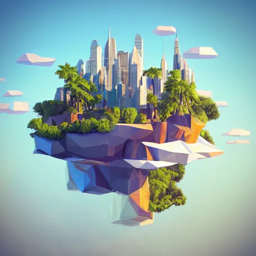 Image similar to manhattan on a floating island in the sky, low poly art, isometric art, 3d render, ray tracing, waterfall, high detail, artstation, concept art, behance, smooth, sharp focus, ethereal lighting