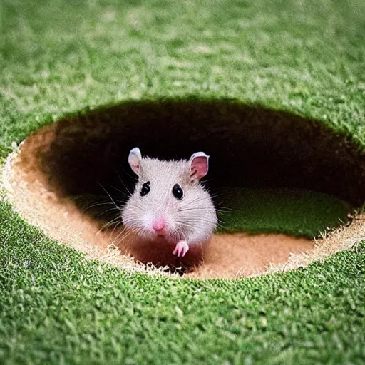 Image similar to “ hamster coming out of a golf hole as a man hits the golf ball ”