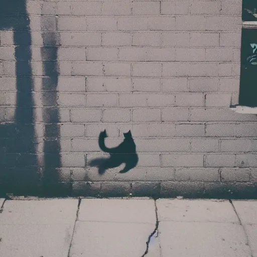 Prompt: medium - shot of a blurry cat silhouette at the wall in the street, colours, polaroid photo