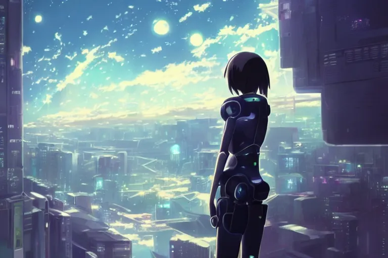 Prompt: makoto shinkai...... robotic android girl. futuristic cyberpunk. dystopia. vibrant nebula sky.