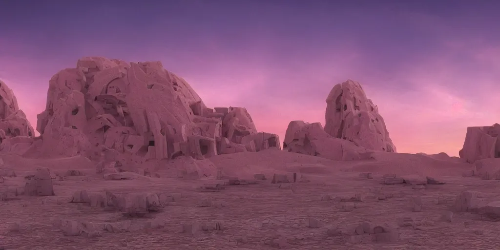 Prompt: artistic rendering of a cinematic shot of a scifi fantasy desertscape, beautiful pink sky, a purple - blue brutalist bulding, processing the soul of an ancient alien