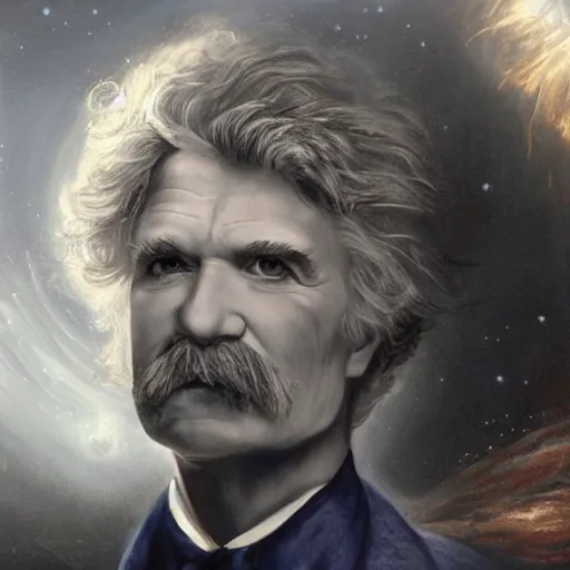 Prompt: mark twain stands at the edge of the universe, artgerm