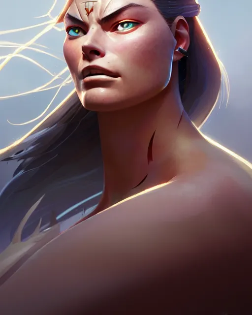 Image similar to azctec warrior, margot robbie, detailed perfect face, exquisite details, fire magic, mid view, design on a white background, by studio muti, greg rutkowski makoto shinkai takashi takeuchi studio ghibli