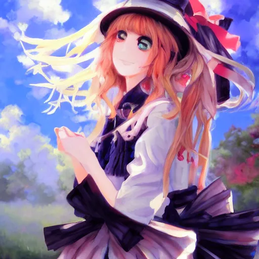 Image similar to Kirisame Marisa, touhou project, ZUN, beautiful portrait, oil on canvas, official artwork, trending on artstation, in the style of Antoine Blanchard, wide strokes