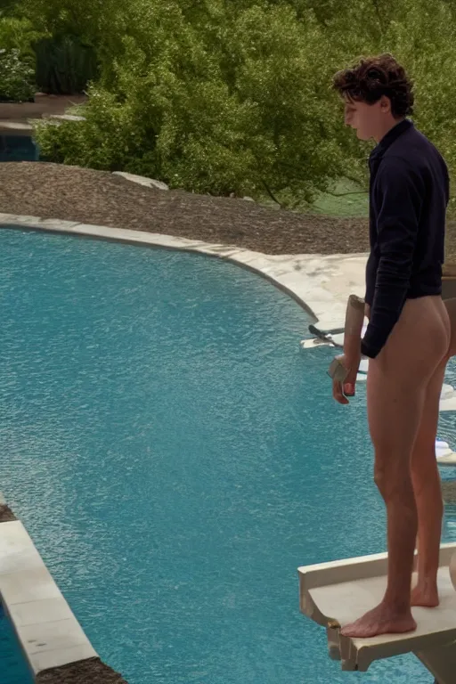 Prompt: timothee chalamet standing on the diving board, red weapon 8 k s 3 5, cooke anamorphic / i lenses, highly detailed, cinematic lighting