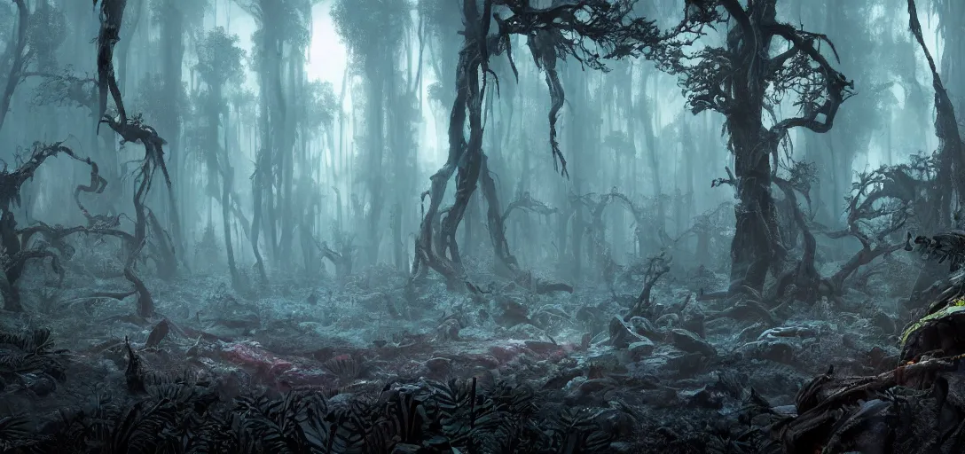Image similar to a beautiful highly detailed matte painting of an alien planet with giant dead and intricate trees with crystals made of jade in a desolate forest, dark moody lighting, foggy atmosphere, 20mm lens, bright colors, by Craig Mullins and Denis Villeneuve, octane rendering
