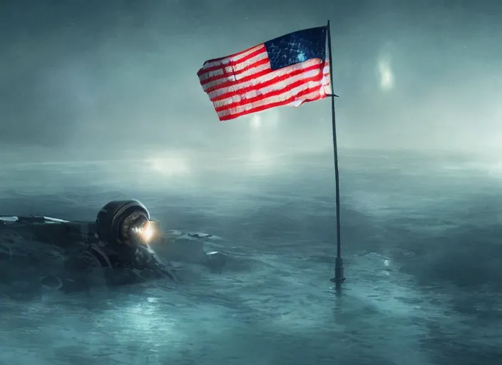 Image similar to astronaut holding a flag in an underwater desert. a submarine is visible in the distance. dark, concept art, cinematic, dramatic, atmospheric, 8 k, trending on artstation, blue, fish, low visibility, fog, ocean floor, christopher nolan, interstellar