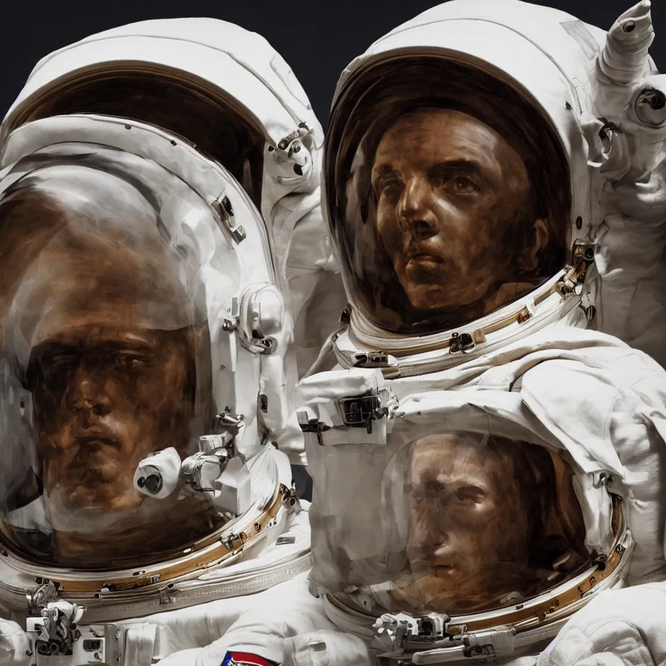 Image similar to a detailed bust of an astronaut by caravaggio, dynamic lighting, cinematic, epic composition, masterpiece