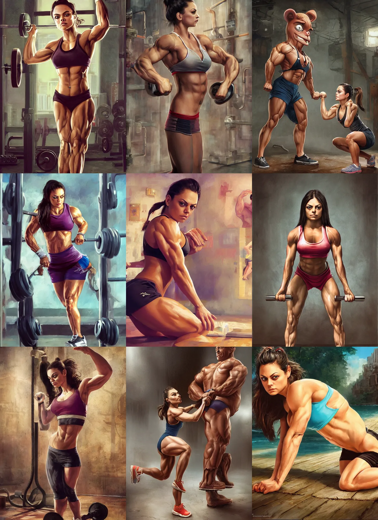 Prompt: bodybuilder mila kunis working out, wlop, steve argyle, ilya kuvshinov, ralph horsley, rossdraw, mark ryden, daniel f. gerhartz, sophie anderson, lilia alvarado, tom chambers