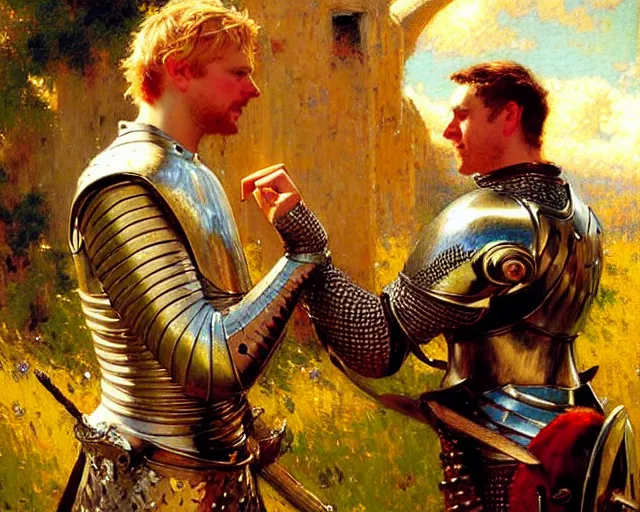 Image similar to arthur pendragon flirting wit his knight. the knight is also flirting back, highly detailed painting by gaston bussiere, craig mullins, j. c. leyendecker