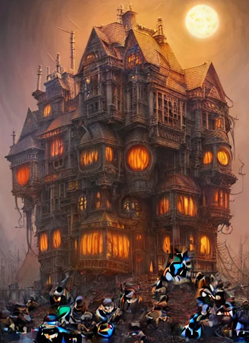 Prompt: hyper detailed ultra sharp of a halloweenpunk pumpkincore steampunk sci - fi haunted megastructure house trending on artstation, warpaint aesthetic, earthwave, colorful, psychedelic, ornate, intricate, digital painting, concept art, smooth, sharp focus, illustration, art by artgerm and greg rutkowski and h. r. giger, 8 k