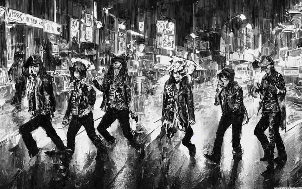 Image similar to concept art, glam rockers dressed as hooligans and whores, walking down a wet helsinki street at night, in the style of syd mead and liam wong