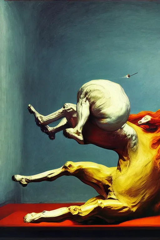 Image similar to a horse sits on a lying astronaut, hauntingly surreal, highly detailed painting by francis bacon, edward hopper, adrian ghenie, gerhard richter, and james jean soft light 4 k,