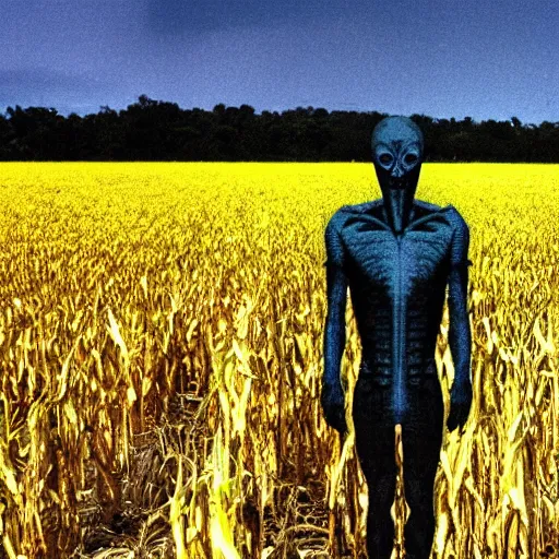 Image similar to found footage grainy photo of an alien creeping through a corn field