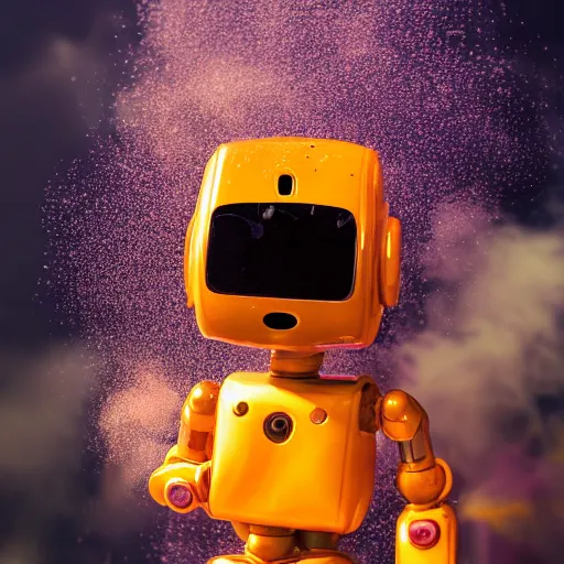 Image similar to a cute little robot at a centered explosion of colorful powder on background by maxvanzwerg