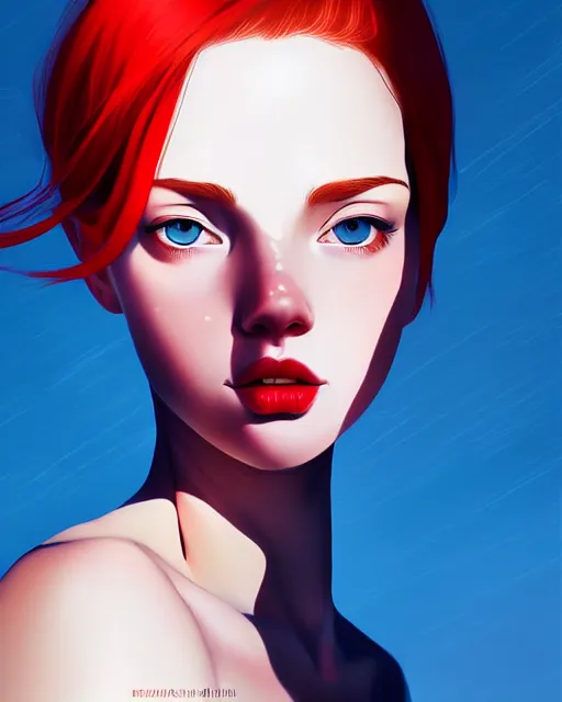 Image similar to a detailed portrait of a pretty!! woman with red hair and freckles by ilya kuvshinov, digital art, dramatic lighting, dramatic angle