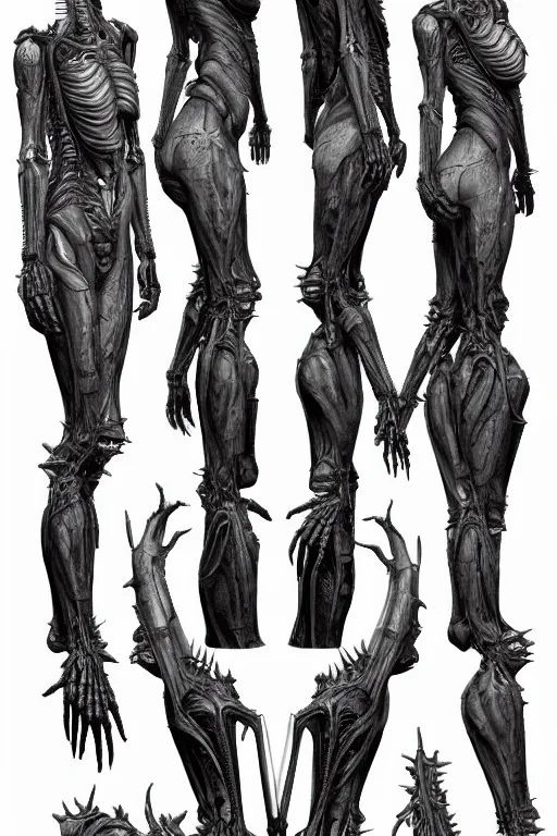 Image similar to she devil with gunmetal grey skin, medical anatomy, very symmetrical face, highly detailed, mecha, three - perspective / three - view reference sheet ( front / back / side ), in the style of dan ouellette, hr giger, sil from species, dren from splice, biomechanical, artstation, unreal engine