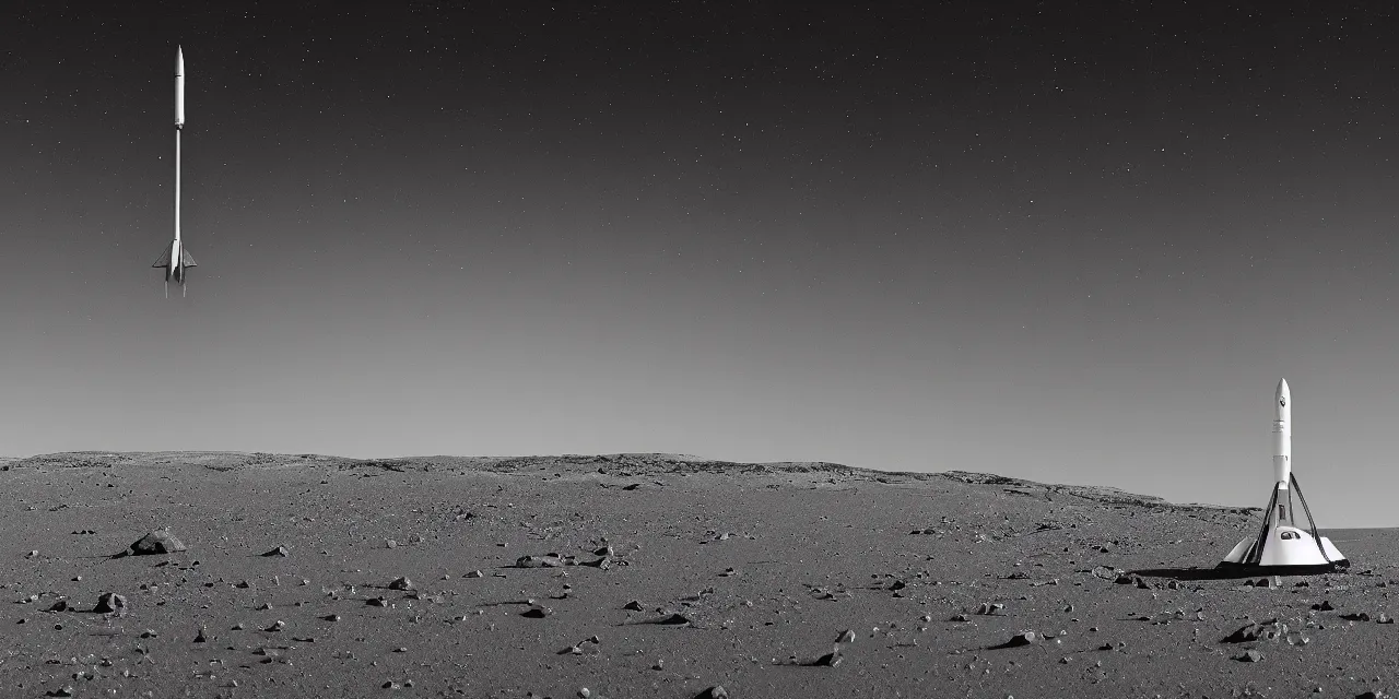 Image similar to black and white photo of a rocket landing on mars, stars and space in the dark background, cinematic film still, sharp focus, high contrast, wide angle view, astrophotography, 4 k