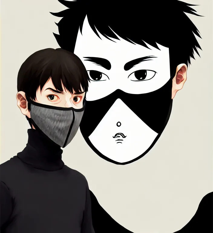 Image similar to white man with black fabric mask, short dark hair, true anatomy!, digital painting, art by hayao miyazaki