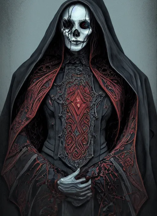 Image similar to fineart portrait illustration of the necromancer wearing a cloak, hyper detailed, crisp
