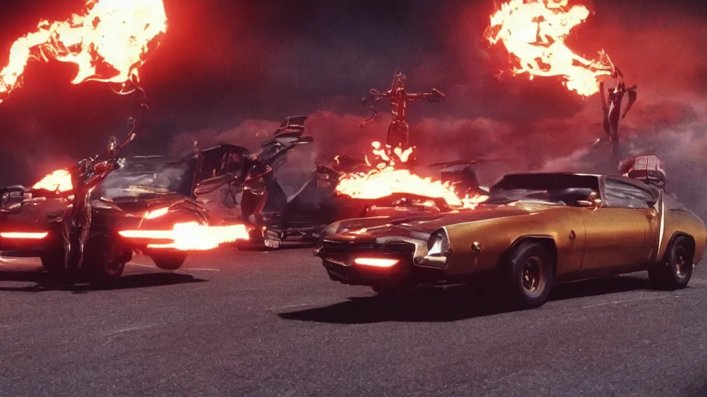 Image similar to film still from the movie death race 3 0 0 0, the sequel to the movie death race 2 0 0 0, cult cinema, pulp cinema, vintage, nineteen seventies, saturated color, cinematic lighting, cinematic composition