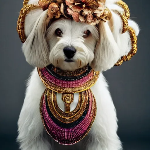 Prompt: cream - colored havanese dog wearing an ornate african necklace, a large headpiece made from flowers, soft light colored background, intriguing pose, magazine fashion photo by mark seliger