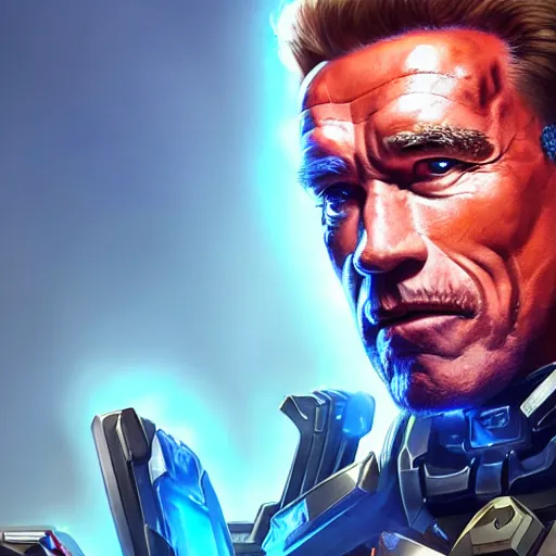 Prompt: a screenshot of arnold schwarzenegger as echo in overwatch, portrait, fantasy, beautiful face, vivid colors, elegant, concept art, sharp focus, digital art, hyper - realistic, 4 k, unreal engine, highly detailed, hd, dramatic lighting by brom, trending on artstation