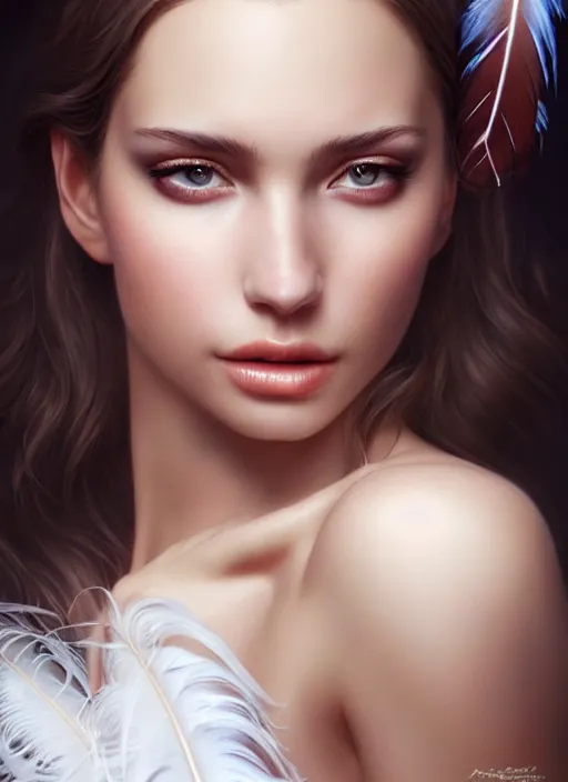 Image similar to a gorgeous female photo, professionally retouched, soft lighting, wearing a feather dress, realistic, smooth face, perfect eyes, wide angle, sharp focus on eyes, 8 k high definition, insanely detailed, intricate, elegant, art by artgerm and greg rutkowski and mark hill