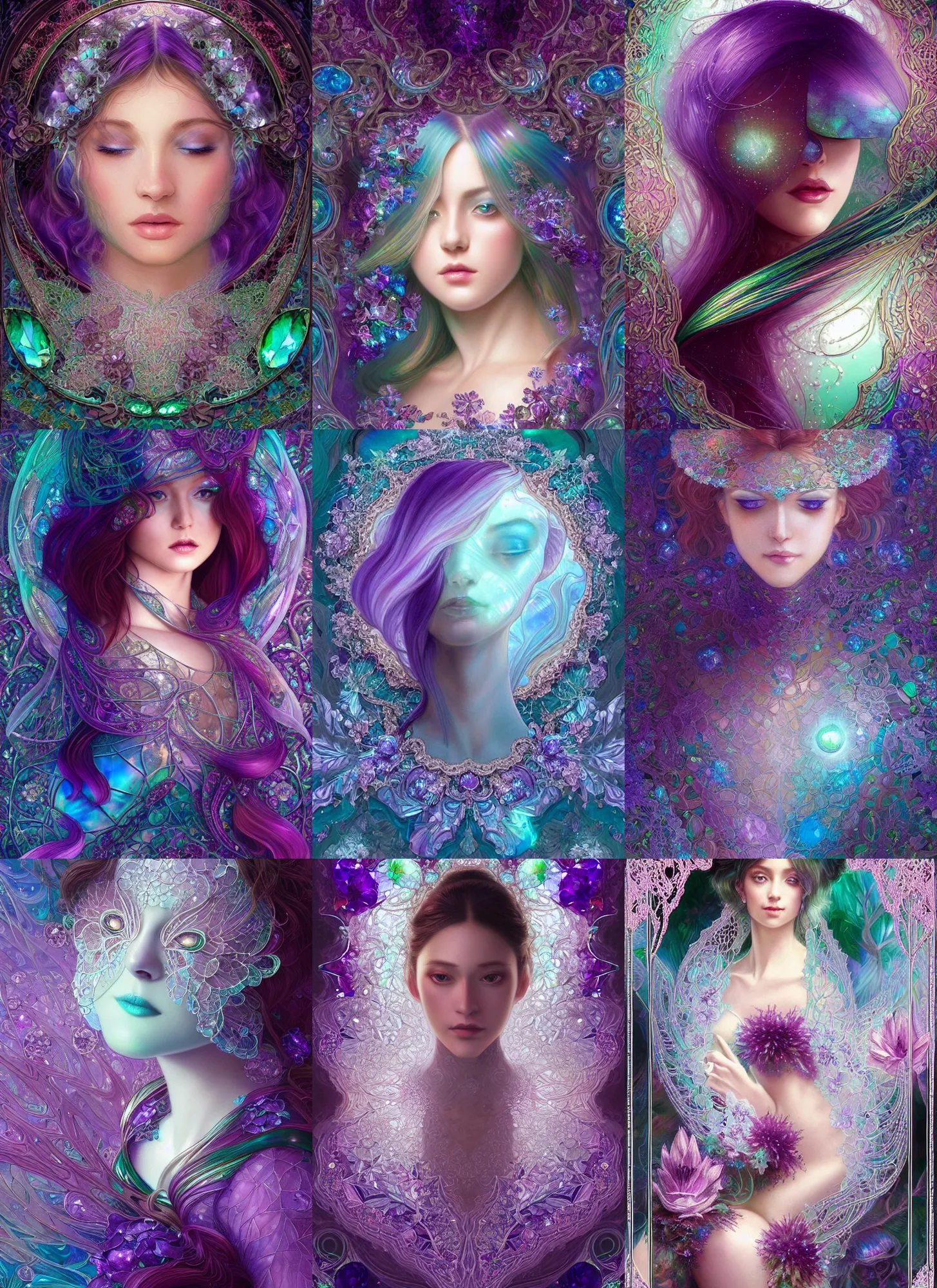 Prompt: iridescent diaphanous refractive and reflective crystal crystalline pearly flora, abalone, lace, lush, burgundy and emerald and amethyst and blue topaz colors, fantasy, intricate, elegant, highly detailed, digital painting, artstation, concept art, matte, sharp focus, illustration, hearthstone, art by artgerm and greg rutkowski and alphonse mucha