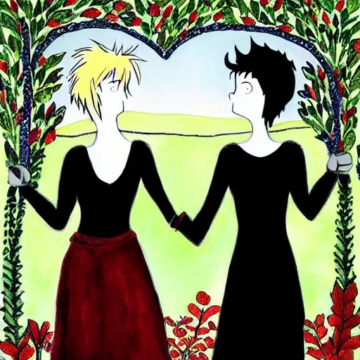 Image similar to stoic heroic emotionless blond butch tomboy woman holding hands with taller goth black - haired dark fae jennifer connelly, in love, romantic in romantic garden, mike mignogna, illustration, pen and ink, oil painting