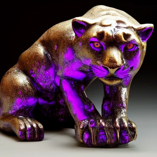 Prompt: Bronze Jaguar sculpture with glowing purple eyes