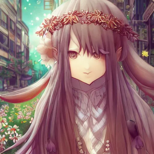 Prompt: happy kitsune flower seller in the city, intricate braided hair, silver hair band, short and plump body, zzlzzzp, manga panel by kosuke kurose, soft lighting, highly detailed face, cozy atmosphere, sharp focus, artstation, secret of mana, sophie anderson, arnold armitage, loish