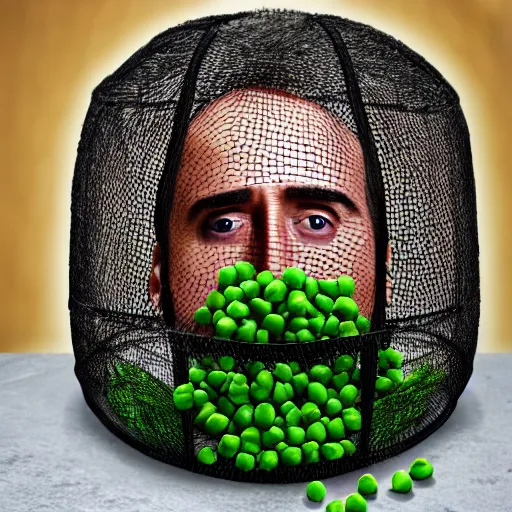 Image similar to nicolas cage trapped in a wicker cage being covered in peas