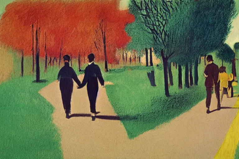 Image similar to a very tall man with dark hair holding the hands of a short young boy with dark hair as they walk down a suburban highway on a bright beautiful colorful day. part in the style of an edgar degas painting. part in the style of david hockney