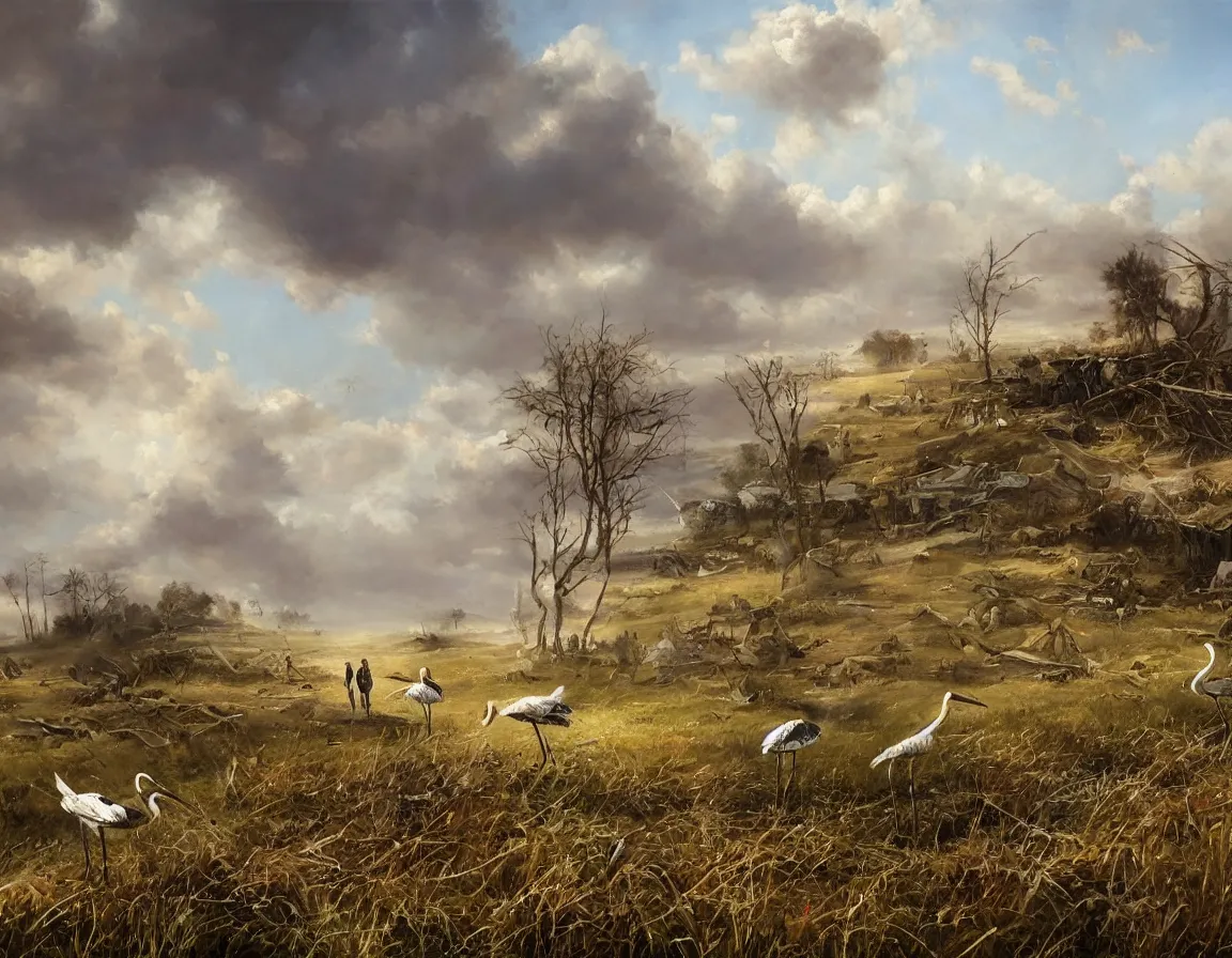 Image similar to the beautiful oil painting of the pair of storks walking by the field and looking to the destroyed weapons and war tanks, destroyed tanks and shelling on the background, trending on artstation, digital art, highly detailed, canvas oil painting