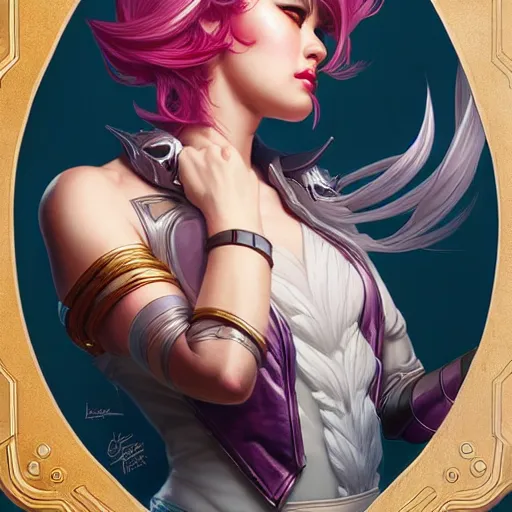 Prompt: head and shoulders portrait of VI from League of Legends, illustration, medium shot, intricate, elegant, highly detailed, digital art, ffffound, art by JC Leyendecker and sachin teng