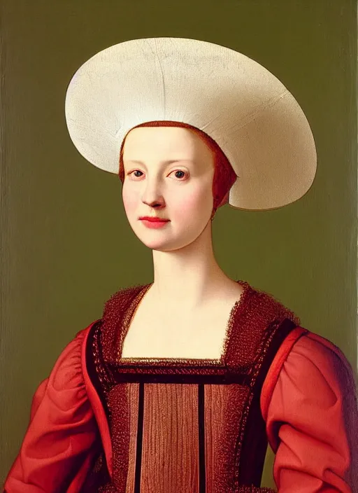 Image similar to portrait of young woman in renaissance dress and hat, art by petrus christus,