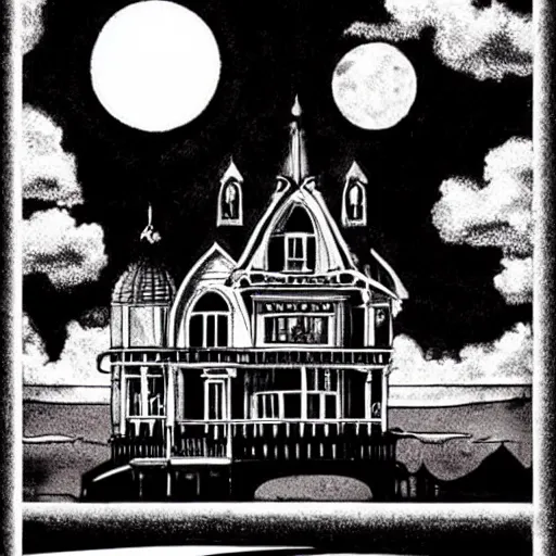 Prompt: seaside victorian building, night, moon in sky, heavy ink!!!!!!!, dark, black, mike mignola, monochrome