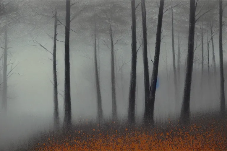 Image similar to dark and spooky painting of a forest dimly lit at night with tiny purple morning glory flowers trailing at the base of trees. foggy cinematic volumetric darkness, muted colour palette, detailed oil painting on canvas kazuo oga, makoto shinkai