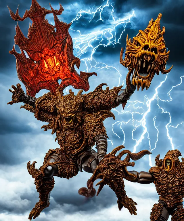 Prompt: hyperrealistic rendering, epic boss battle, ornate supreme demon overlord, by art of skinner and richard corben and jeff easley, product photography, action figure, sofubi, storm clouds, outside, lightning