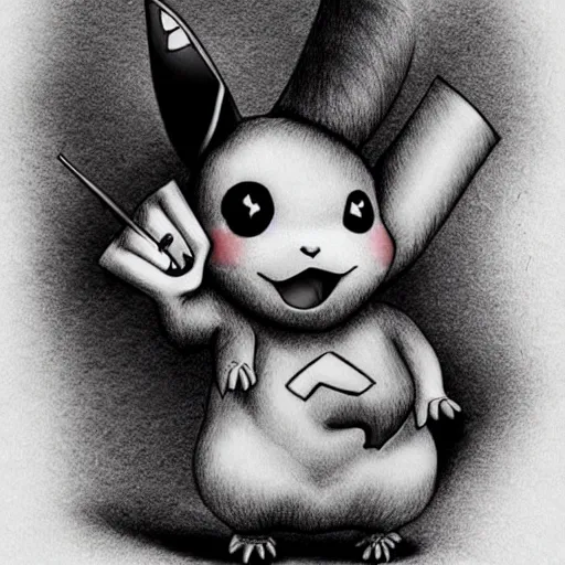 Prompt: a photorealistic render of pikachu as a character from a tim burton movie. Gothic. Detailed.