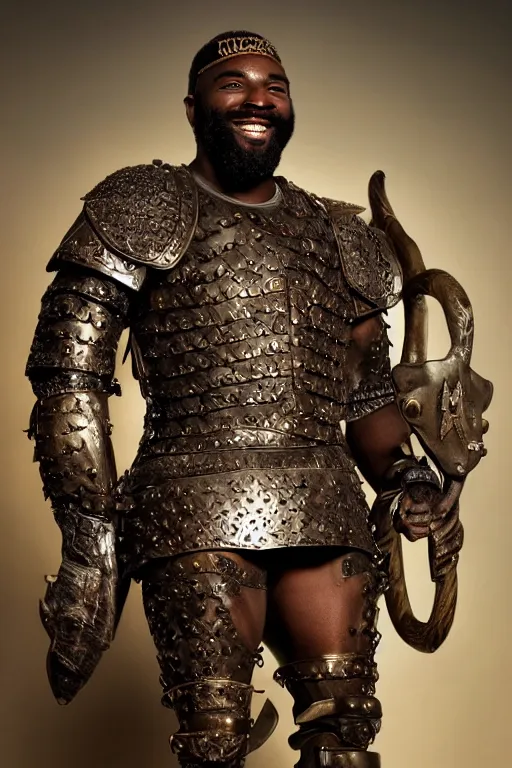 Prompt: portrait of a young african american rugged young man, thick black beard, big muscles, big smile. intricate bronze armour with a dog emblem. cinematic lighting, highly detailed, full body shot. Movie poster.