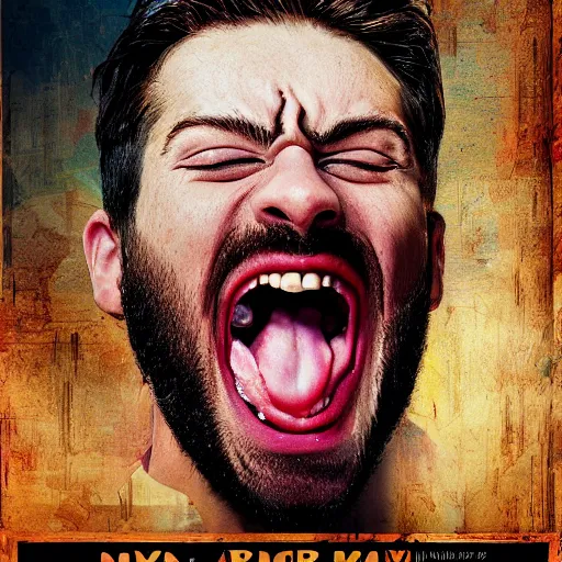 Image similar to broadway poster of an young angry man screaming, high definition, highly detailed, photo-realistic, 8k