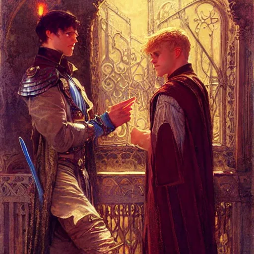 Image similar to attractive arthur pendragon with attractive male merlin the mage. they are in love. highly detailed painting by gaston bussiere, craig mullins, j. c. leyendecker