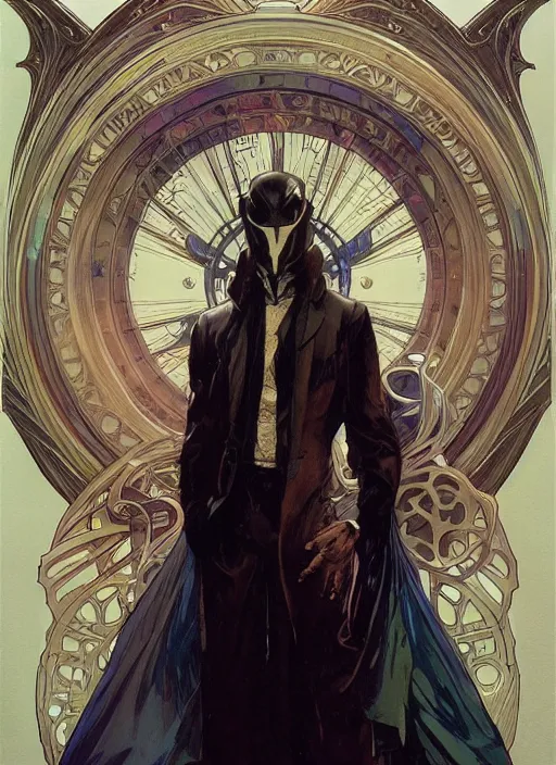 Prompt: portrait of ghost, mask, hd artstation, by alex ross, alphonse mucha, moebius, amano, greg hildebrandt, and mark brooks, masculine, male, art nouveau, neo - gothic, gothic, character concept design, dynamic light, stylised illustration, disco elysium