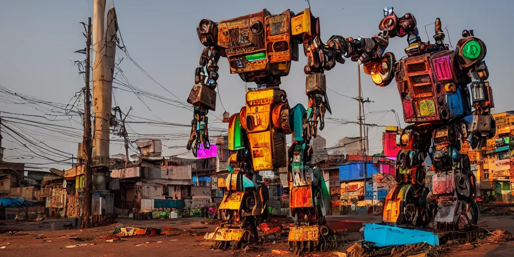 Prompt: colourful - damaged - giant mecha ROBOT of neon lit AJEGUNLE SLUM in Lagos, markings on robot, Golden Hour,