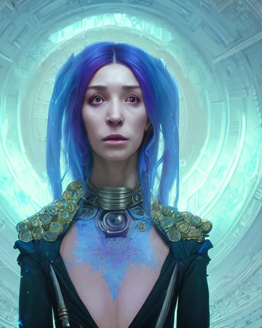 Image similar to highly detailed surreal vfx portrait of a female cyberpunk mage in a majestic castle by golden tree, stephen bliss, unreal engine, greg rutkowski, loish, rhads, beeple, makoto shinkai and lois van baarle, ilya kuvshinov, rossdraws, tom bagshaw, alphonse mucha, global illumination, detailed and intricate environment